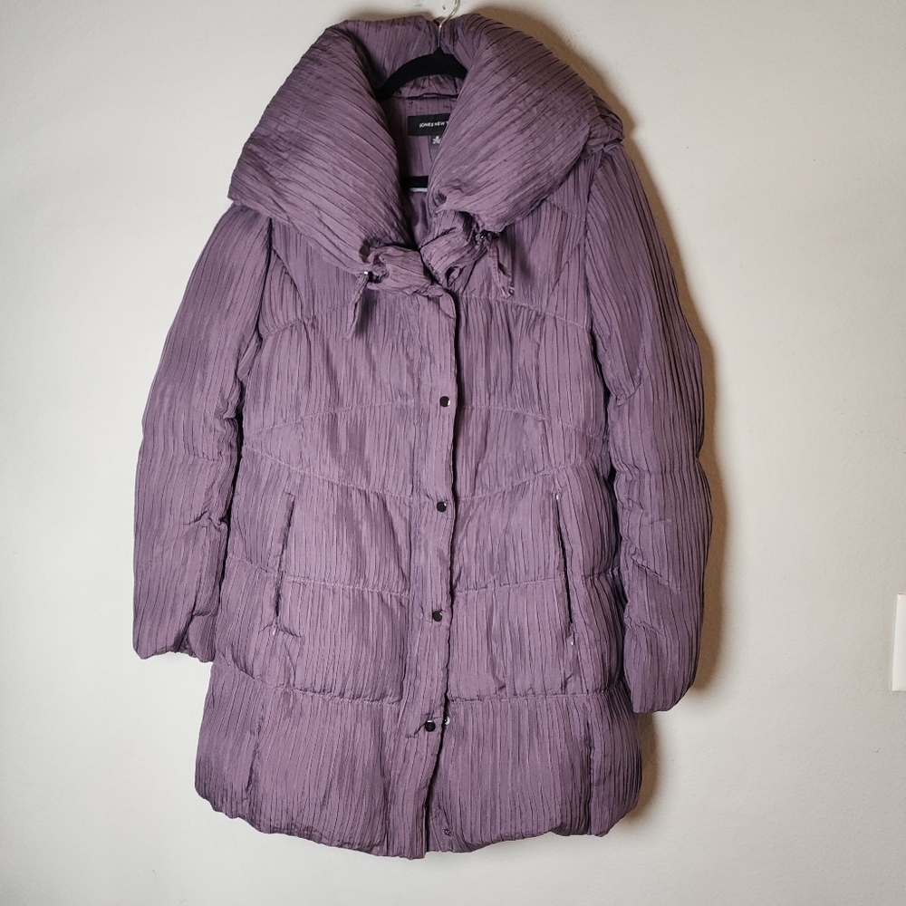 JNY Down Fill Purple Pleated Parka Coat‎ Large Pillow Hood Size Medium